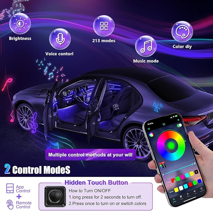 Acrylic Interior Car LED Strip Light with Wireless APP, RGB 18 in 1 with 175 inches 600 LEDs Fiber Optic Strip Lights for Car, Dynamic Chasing Sound Active Neon Car Ambient Lighting Kits