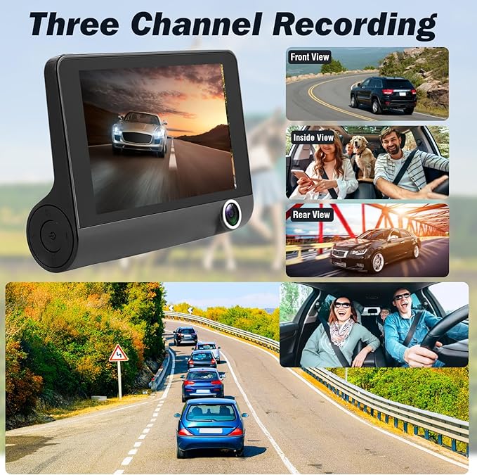 3 Channel Dash Cam Front Rear Inside, 4 inch Screen Dash Camera for Cars, 1296P Full HD Dash Cam Dual Lens Car Dash Camera with Loop Recording, Wide Angle