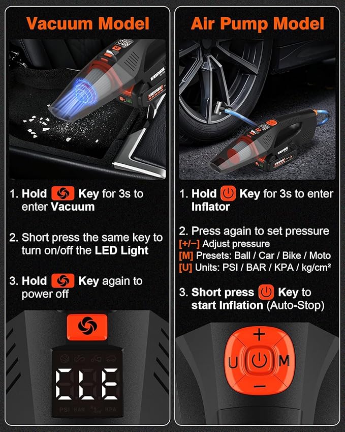 2-in-1 Cordless Car Vacuum and Tire Inflator - 20V Handheld Vacuum Cleaner & 150 PSI Air Pump, 18000Pa Powerful Suction, Portable Vac Air Compressor for Tires Pump and Car Cleaning