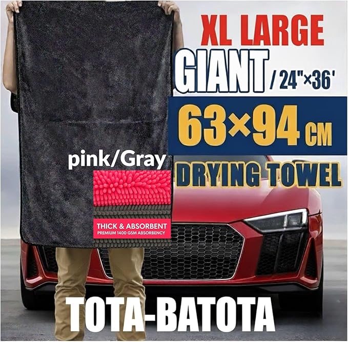 Microfiber Car Drying Towel 36"x24" – 1400 GSM Twisted Yarn, Ultra Absorbent, Scratch-Free, Machine Washable – Bonus 12"x12" Detail Towel, Pink/Gray