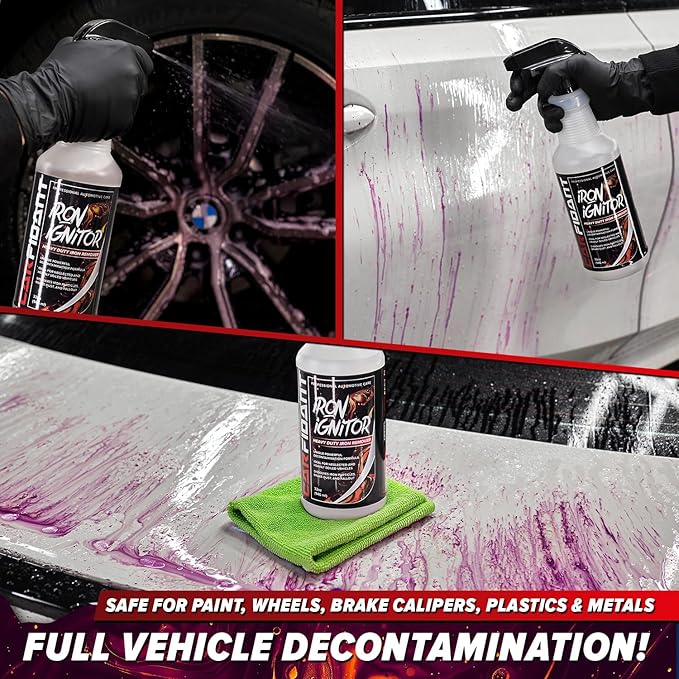 Carfidant Iron Ignitor - Iron Remover & Wheel Cleaner - Color-Changing Purple Decon Spray for Brake Dust, Rust, Fallout - Safe on Paint, Rims & Metal - Car Detailing - pH Neutral - 16oz