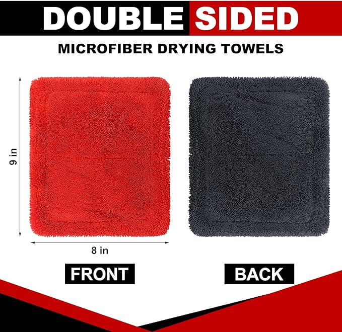 Hahafelt 6 Pcs Dual Side Microfiber Car Wash Pad 9'' x 8'' Double-Twist Pile Absorbency Drying Towels for Car Motorcycle SUV Truck