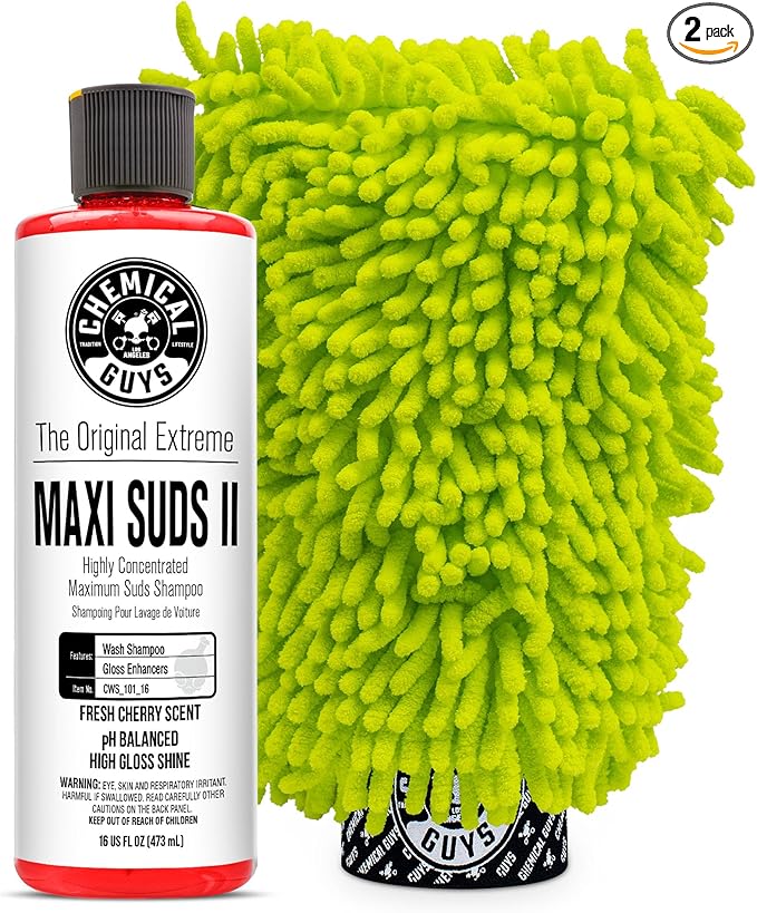 Chemical Guys CWS_101_16W Car Wash Starter Bundle - Maxi-Suds II Foaming Car Wash Soap, 16 oz, Cherry Scent + Green Chenille Wash Mitt (2 Items) Works on Cars, Trucks, SUVs, RVs & More