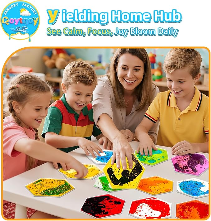 Squishy Liquid Sensory Gel Tiles 9 Packs - Hexagon Liquid Sensory Toys for Stress Relief & Fidget Fun, Washable Sensory Floor Tiles for Toddles 3+ Home, Classroom, Travel