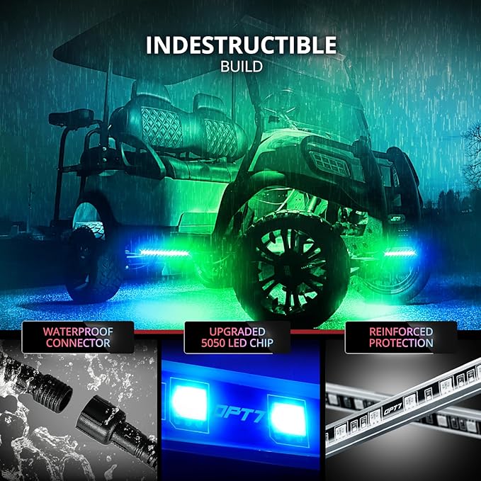 OPT7 Aura 12V DreamColor Underglow Chasing Lights for Golf Cart w/APP & Remote Control, Waterproof Rigid Aluminum Light Bar, Decorative RGB-IC Car LED Lighting Kit, EZGO Yamaha Club Car Universal Fit