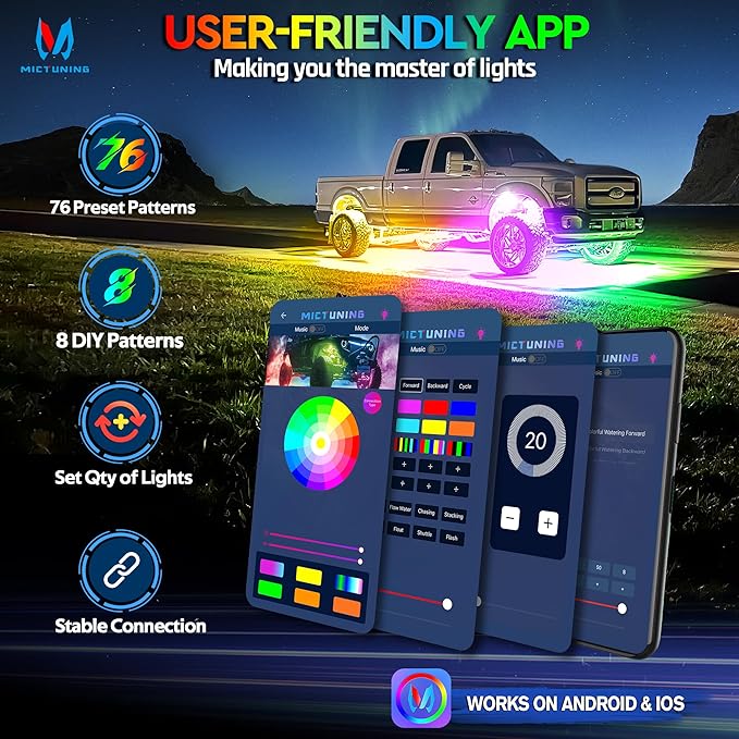 MICTUNING Q1 MAX RGB+IC Rock Lights 20 Pods Kit, 480 Beams 1000% Brighter Chasing Dreamcolor Underglow Neon Lights, APP Control Multicolor Extensible Underbody Lighting Kit for Truck ATV UTV Boat