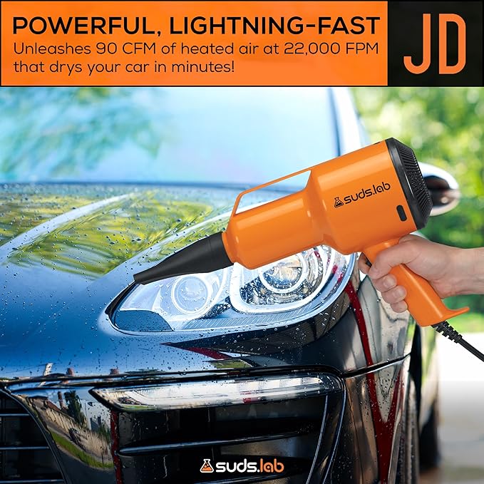 Suds Lab JD Jet Dry Car Drying Blower with 2 Nozzles & 20 ft Power Cord – 1.5 HP Powerful & Compact Car Dryer Air Blower for Removing Water, Dust & Debris