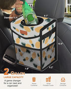Pritent Car Trash Can with Lid, Cute Leakproof Car Trash Garbage Bag Hanging Vehicle Trash Bin Small Portable Automotive Garbage Cans Organizer for Back/Front Seat(Trapezoid,Pineapple Print