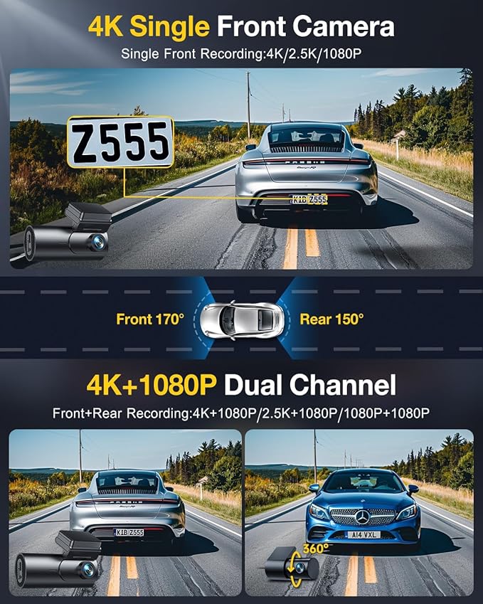 GKU Dash Cam Front and Rear Camera,4K+1080P, 5.8GHz WiFi & GPS Dash Camera for Cars,with 64G SD Card,1.47" Display Dashcam, 24HParking Mode,App,Super Night Vision,Support Max 256GB (D600Pro)