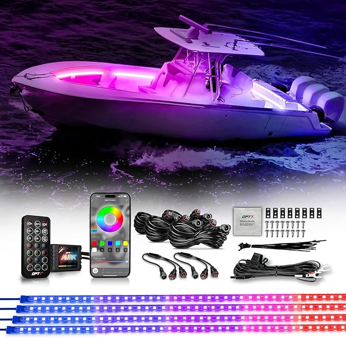 OPT7 Aura DreamColor Boat Lights Waterproof, 12V RGB-IC Marine LED Strips with APP & Remote Control, Multi Color Chasing Lighting Kit, Interior Deck Light for Pontoon Jon Bass Boat, Outdoor Gifts