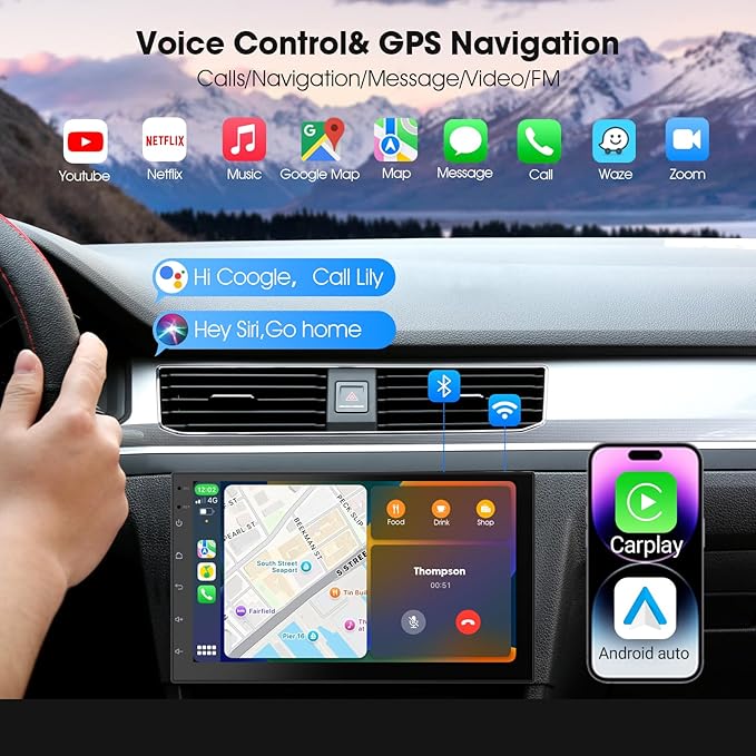 Wireless CarPlay Screen for Car & Android Auto Head Unit - Touchscreen 7 Inch Double Din Car Stereo with Backup Camera for All Cars (2+64GB)