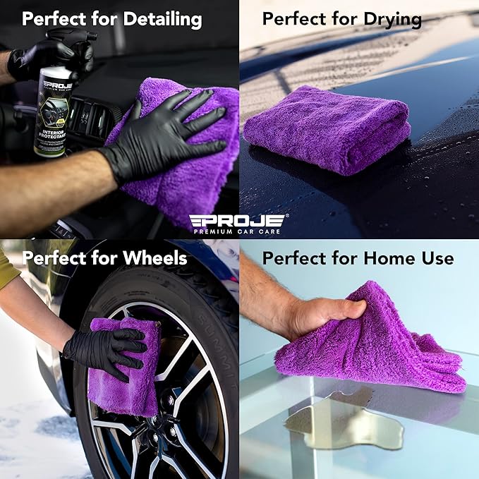 PROJE' PurplePRO - Purple Microfiber Drying Towel for Cars - Ultra Absorbent Cleaning Cloth - Auto Exterior & Interior Detailing Towel - 500 GSM 16in x 16in - (Pack of 6)