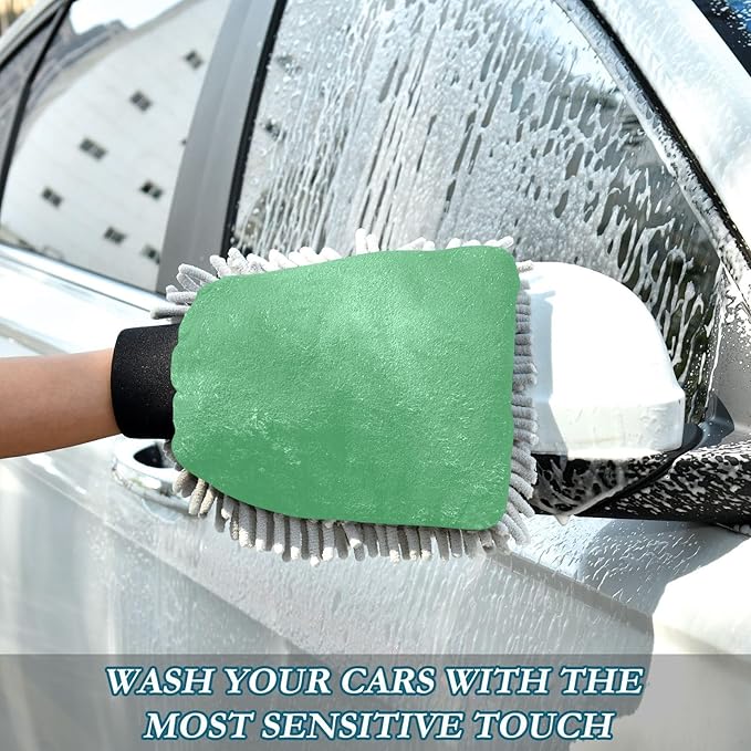 Qilmy Green Microfiber Chenille Car Wash Sponge Scratch Free Car Wash Mitt Absorbent Mitt Sponge for Trucks SUVs Car Washing Home Cleaning, Large