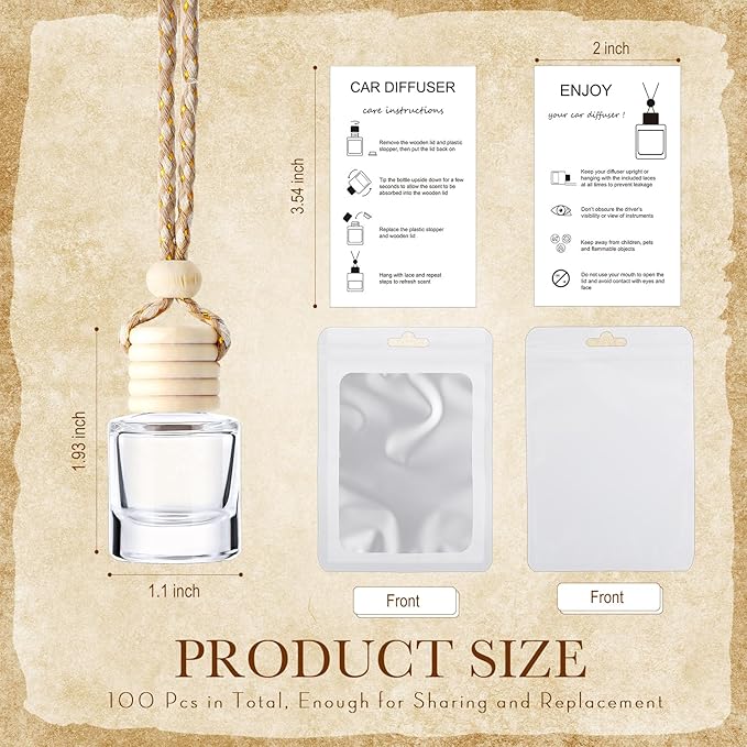 Boao 50 Sets Hanging Car Air Freshener Diffuser Bottles with Instruction Card and 4 x 6'' Resealable Holographic Bag for Empty Car Essential Oil Perfume Bottles Packaging (Cylinder)