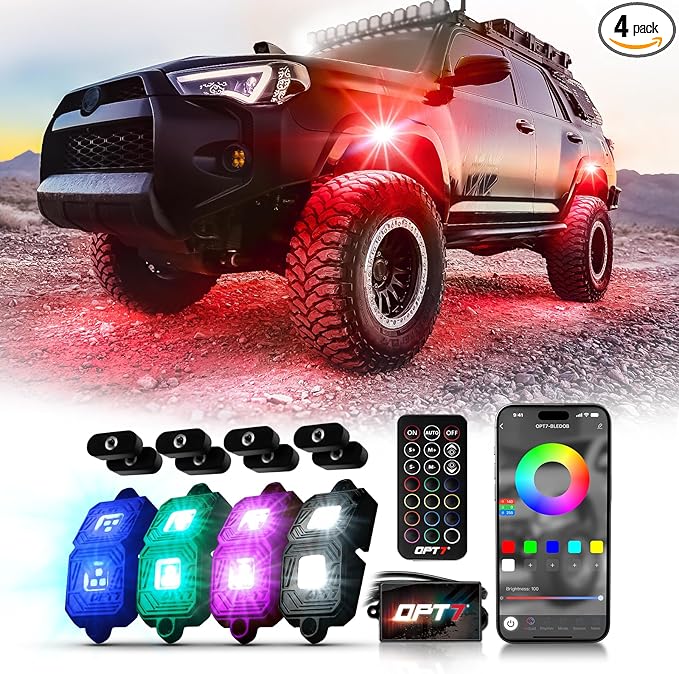 OPT7 Photon RGB LED Magnetic Rock Lights w/Bluetooth APP & Remote - 4 Pods Aluminum Frame Wide Angle Underglow Kit, IP68 Waterproof for Offroad Jeep SUV ATV UTV - Truck Decorations