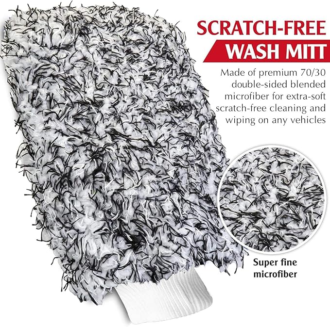 Pro Car Wash Mitt & Brush Kit: 2 Ultra Plush Chenille Mitts & Wheel Brush | Holds 10oz Water, Scratch-Free, Machine Washable | Includes Storage Bag