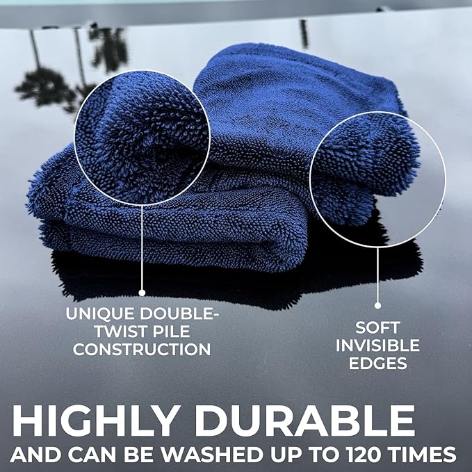 2X Medium Car Drying Towel, 1300 GSM Professional Car Towel with Double Twisted Loop,Super Absorbent Large Microfiber Drying Towels for Cars, Trucks, SUVs - 16"x16" 2-Pack, Navy
