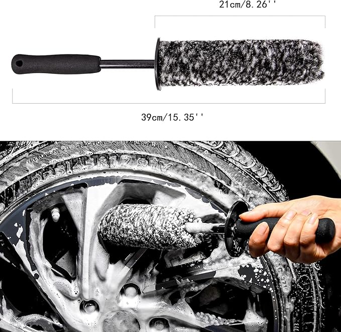 Car Wheel Rim Brush Kit, Woolies Wheel Brush, Car Cleaning Brush Fiber Rod, Steel Ring Fiber Cleaning Brush, Long Non-Slip Handle Clean Brush, Great to Clean Car Wheel Rim