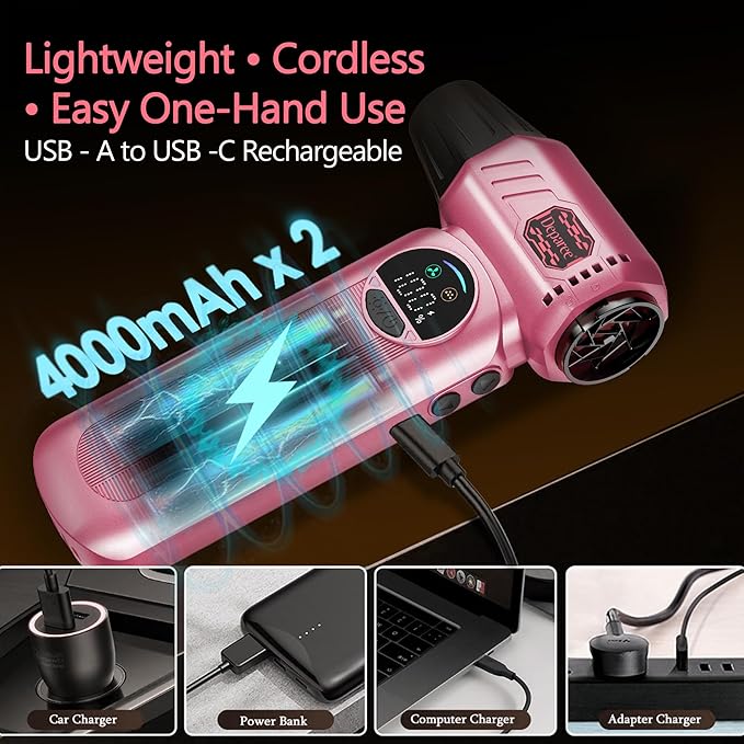 Cordless Air Duster & Handheld Vacuum 2-in-1, 8000mAh Rechargeable with Type-C Charging for Car, Keyboards, Electronics & Home – Pink