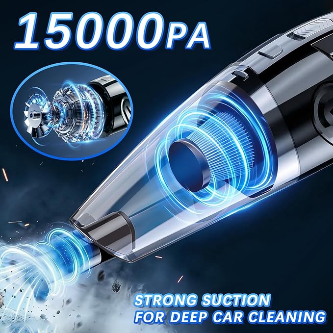 Handheld Vacuum Cordless, 15000Pa Powerful Car Vacuum Cleaner - 7800mAh Rechargeable Portable Mini Vacuum with 70000RPM Motor, 5 Nozzles, Low Noise, Washable Filter, for Car, Home, Office, Pet