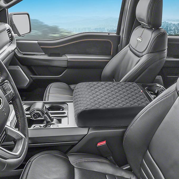 PIMCAR Center Console Cover for 2021-2025 2026 Ford F150 PU Leather Armrest Cushion Protector Interior Accessories (Only fit for Full Bucket Seat)