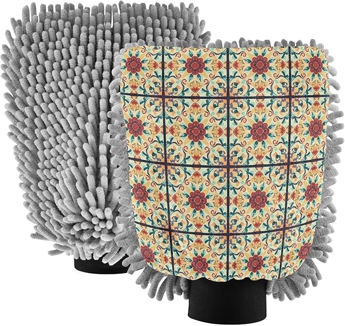 Qilmy Mediterranean Tile Pattern Microfiber Chenille Car Wash Sponge Scratch Free Car Wash Mitt Absorbent Mitt Sponge for Trucks SUVs Car Washing Home Cleaning, Medium