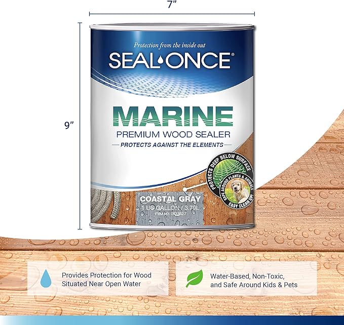 SEAL-ONCE Marine Ready Mix - 1 Gallon Penetrating Wood Sealer Waterproofer & Stain (Coastal Gray). Water-Based, Ultra-Low VOC Formula for high-Moisture Areas to Protect Wood Docks, Decks & Piers.