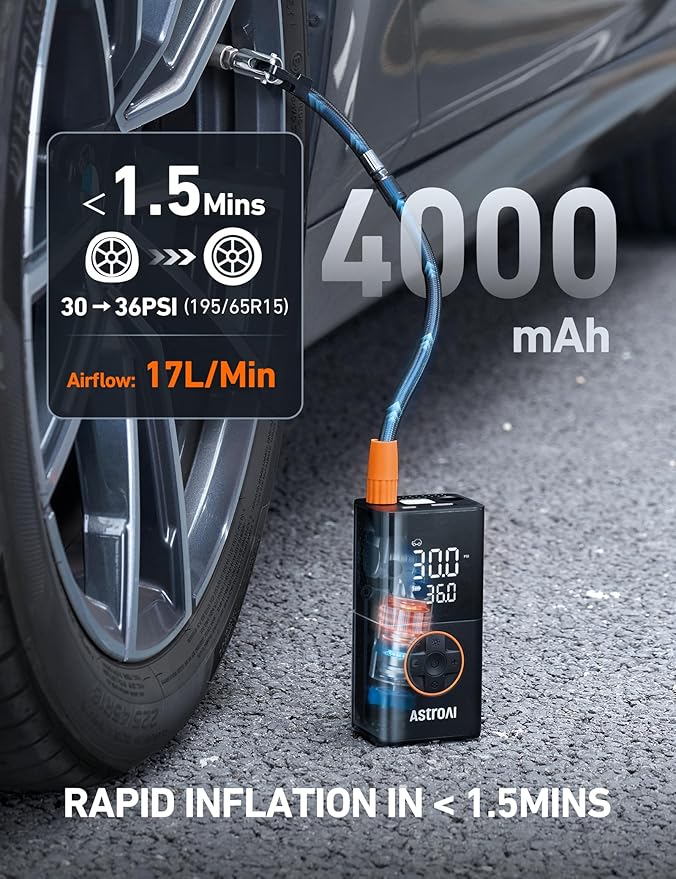 AstroAI L7 Tire Inflator Portable Air Compressor Cordless-2pack Bike Pump with Digital Dual Values Display, 150 PSI Car Tires Pump with LED Lights Air Pump for Cars, Motorcycles, Bikes, Balls Orange