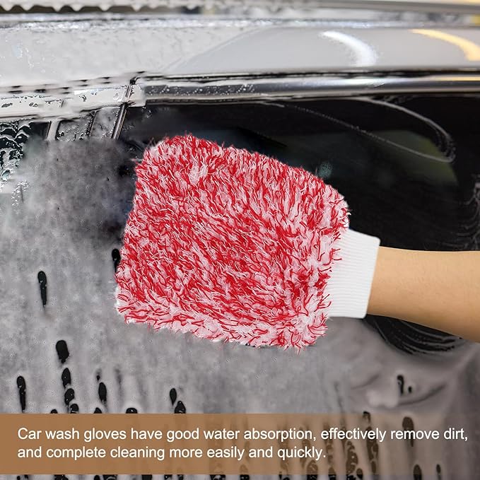 HARFINGTON Chenille Microfiber Car Wash Mitts 10.2" x 6.7" Scratch Free Wash Gloves Absorbent Double Sided Plush Cleaning Drying Mitts for Car Washing Home, Red
