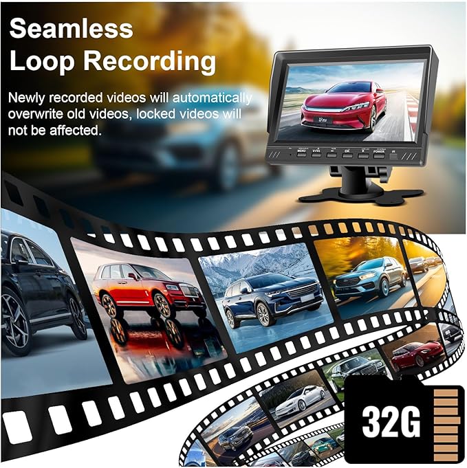Dual Backup Camera 7" Split Monitor with 32G SD Card Kit, AHD 2 Channels Split Screen with 32G Recording, Reversing Camera IP69 Waterproof Front & Rear View Camera for Truck Trailer Semi-Trailer Box