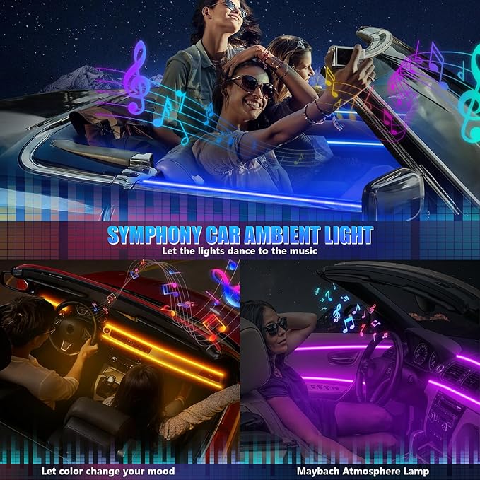 Acrylic Interior Car LED Strip Light with Wireless APP, RGB 14 in 1 with 175 inches 600 LEDs Fiber Optic Strip Lights for Car, Dynamic Chasing Sound Active Neon Car Ambient Lighting Kits