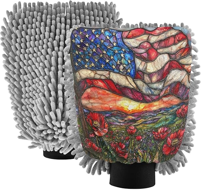YETTASBIN American Flag 2PCS Car Wash Mitts, Ultra Absorbent Chenille Microfiber Car Washing Gloves, Scratch-Free Lint-Free Auto Cleaning Mitt, Machine Washable Elastic Cuff Car Wash Sponge