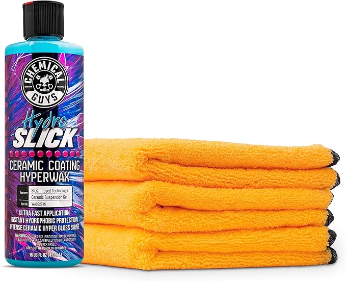 Chemical Guys WAC22916 HydroSlick SiO2 Ceramic Coating HyperWaxwith Chemical Guys MIC_506_03 Professional Grade Premium Microfiber Towels, Gold 16" x 16", Pack of 3