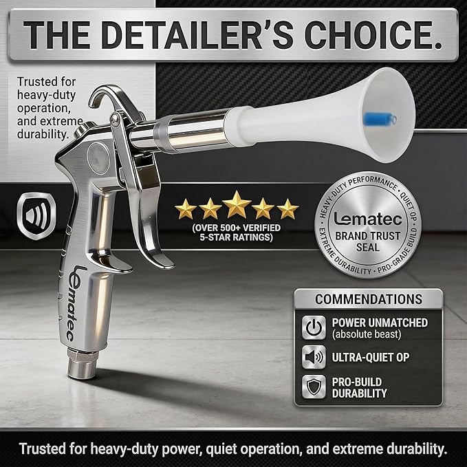 LE LEMATEC Tornado Air Gun for Air Compressor - 4000 RPM, Compact & Lightweight, Low Noise - Ideal Air Gun for Car Detailing and Cleaning Upholstery, Carpets, Furniture