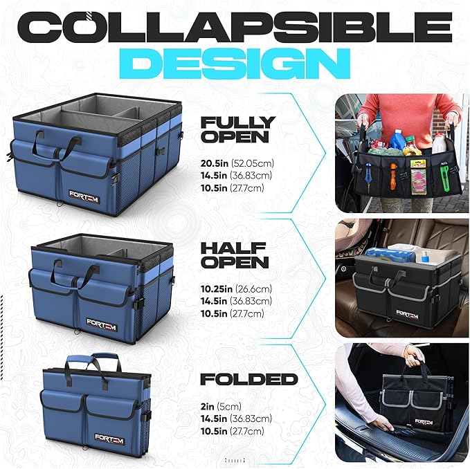 FORTEM Car Boot Organiser, Collapsible Multi Compartment SUV Organizer, Foldable Storage for Car Accessories for Women Men, 600D Oxford, Non Slip Bottom, Securing Straps, Soft Cover (50L)