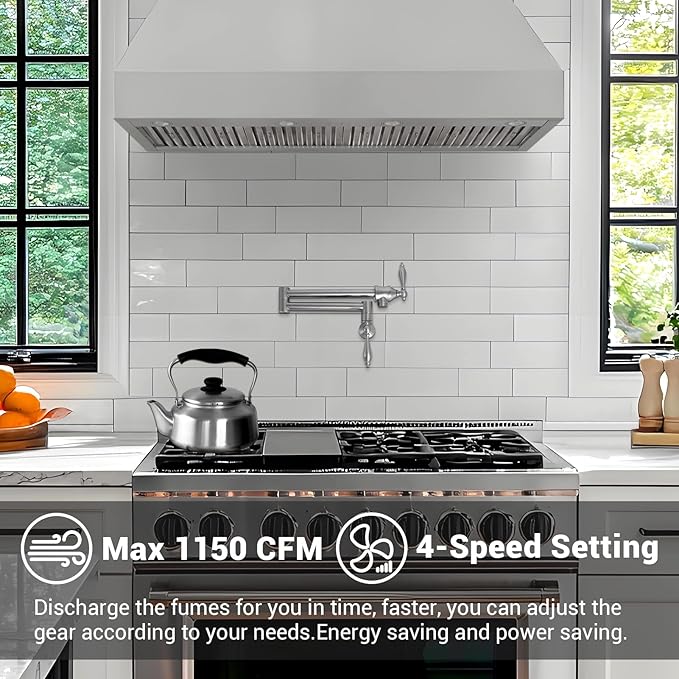 CHETTO C Range Hood 54 Inch Ultra Quiet, Powerful Suction 304 Stainless Steel Ducted Kitchen Vent Hood with 4-Speeds, Dishwasher Safe Baffle Fillters, 8" Top Vent (54 inch Stainless steel)