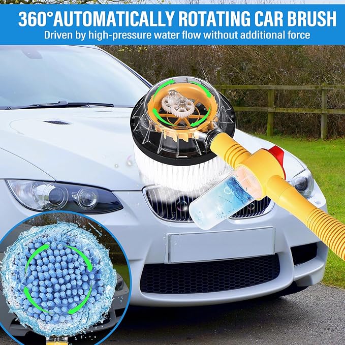Toolly Car Wash Brush Cleaning Kit, 360° Spin Car Mop, Microfiber Rotating Car Cleaning Brush, Detachable & Extendable Scrub Brush, Garden Hose Spray Nozzle Spray Gun for Cars, Yards, Garden, Pets