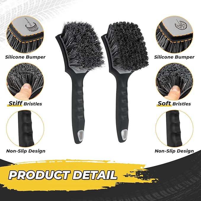 Wheel and Tire Brush Detailing Kit, Soft Rim Brush & Stiff Tire Brush with Silicone Bumper Guard, Non-Slip Ergonomic Handle Car Wash Set for Alloy Wheels, Fenders, Mats