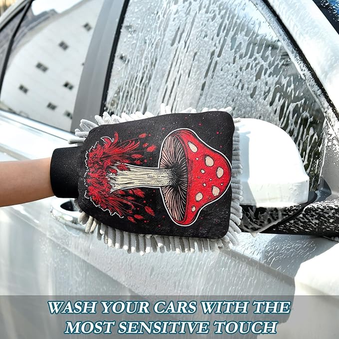 YETTASBIN Mushroom 2PCS Car Wash Mitts, Ultra Absorbent Chenille Microfiber Car Washing Gloves, Scratch-Free Lint-Free Auto Cleaning Mitt, Machine Washable Elastic Cuff Car Wash Sponge