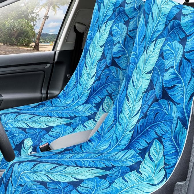 Hahafelt 2 Pack Car Seat Towel Covers with Storage Bag, 63 x 32 Inch Universal Non Slip Waterproof Sweat Protector for Car Truck, Gym Swimming Running, Machine Washable (Blue Leaves)