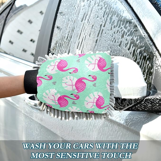 STAYTOP Beautiful Flamingo Car Wash Mitts 2Pcs,Chenille Microfiber Mitts Scratch Free Ultra Absorbent Wash Sponge Cloths for Cars,Home Cleaning-L