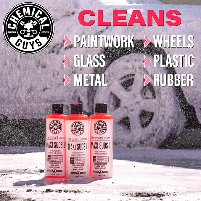 Chemical Guys CWS_101_16W Car Wash Starter Bundle - Maxi-Suds II Foaming Car Wash Soap, 16 oz, Cherry Scent + Green Chenille Wash Mitt (2 Items) Works on Cars, Trucks, SUVs, RVs & More