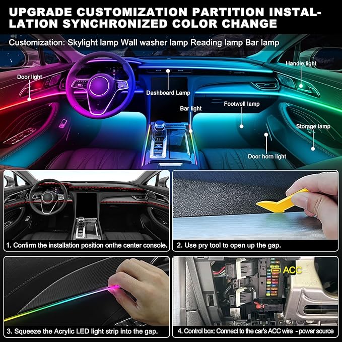Dreamcolor Acrylic Interior Car LED Strip Light with Wireless APP, RGB 14 in 1 with 175 inches 600 LEDs Fiber Optic Car Ambient Lighting Kits, Music Sync Function Neon LED Strip for Car Accessories