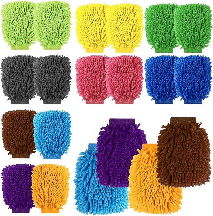 20 Pcs Car Wash Mitt 8.3 x 10.2 Inch Bright Colors Cleaning Drying Mitts Chenille Microfiber Double Sided Glove for Auto Detailing