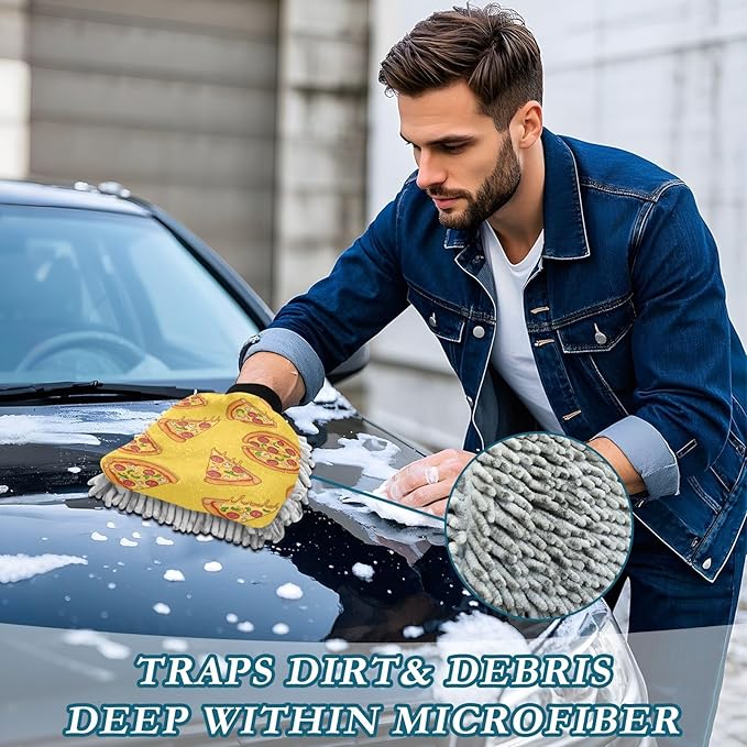 Qilmy Sliced Pizzas Microfiber Chenille Car Wash Sponge Scratch Free Car Wash Mitt Absorbent Mitt Sponge for Trucks SUVs Car Washing Home Cleaning, Large