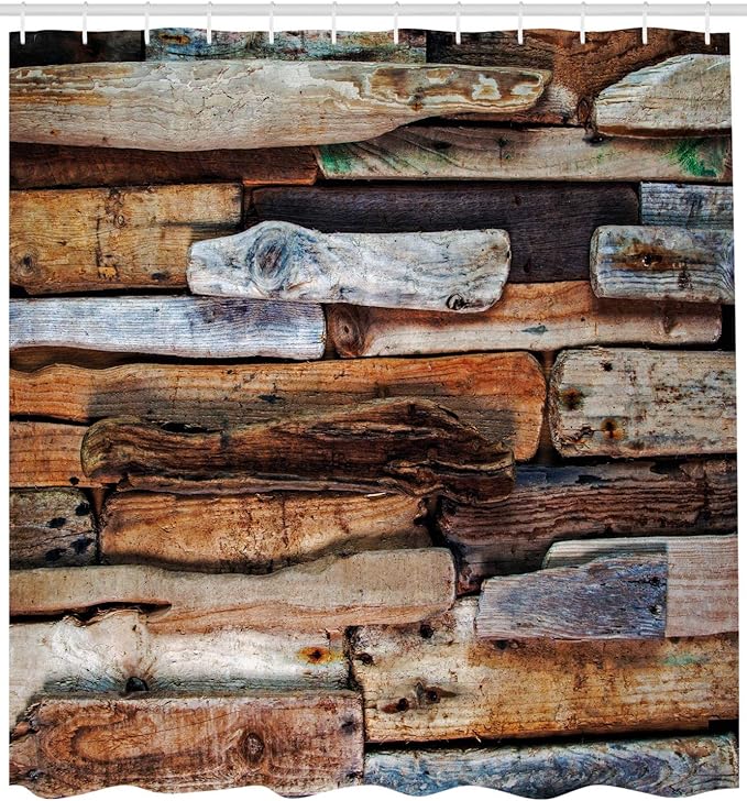 Ambesonne Driftwood Shower Curtain, Wooden Theme Driftwood and Knotty Planks in The Vintage Style Design Digital Image, Cloth Fabric Bathroom Decor Set with Hooks, 69" W x 75" L, Brown