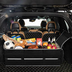 Collapsible Trunk Organizer for Car with Insulated Leak proof Cooler Bag, 3 Compartments SUV Cargo Organizer Removable Dividers, 5 in1 Car Storage Organizer with Foldable Lid,2 Tie-Down Straps(Black)