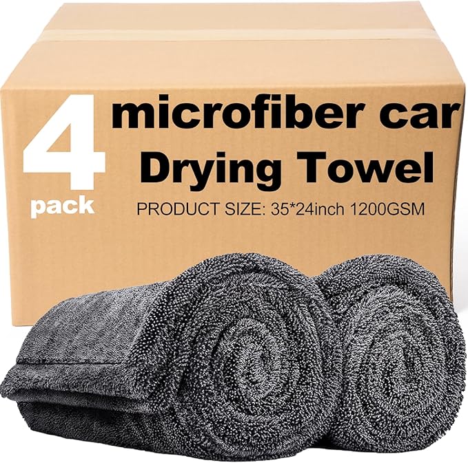 4 Pack 35 x 24 Inch Car Drying Towels 1200 GSM Microfiber Towel for Cars, Absorbent Detailing Cloth for SUV, Rv, Truck and Window, Grey