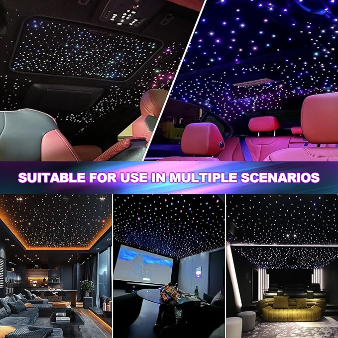 36W 4-Color RGBW Car Starlight Headliner Kit, 800pcs0.03in9.8ft, Twinkle & Sound Activate 4-Port Fiber Optic Light Engine with Bluetooth APP&Remote Control, Star Lights for Car and Home