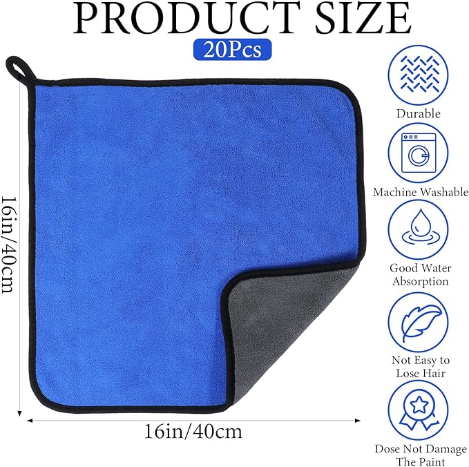 20 Pack Microfiber Cleaning Towels for Cars, 16 x 16 Inches Thick Plush Microfiber Cleaning Dusting Cloth Auto Detailing Absorbent Towels Dusting Cloths for Car Trucks Kitchen Window